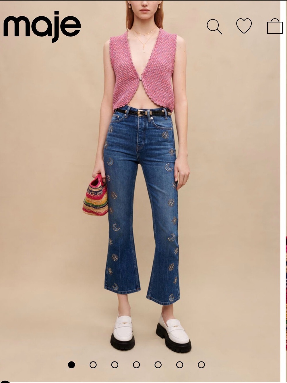 Maje Pink Knit Vest & Blue Embroidered Wide-Leg Jeans